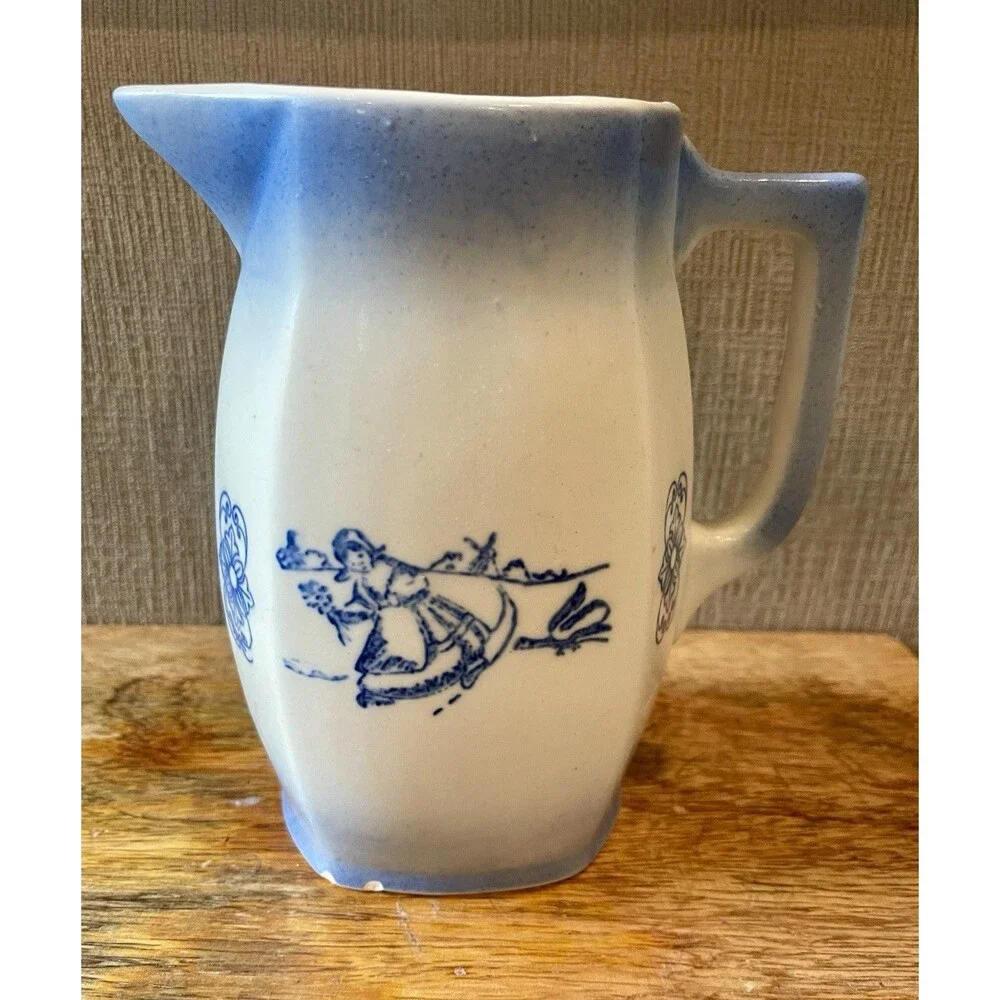 Antique Blue & White Dutch Girl Pitcher Ironstone Creamer Windmill Ombre Glaze